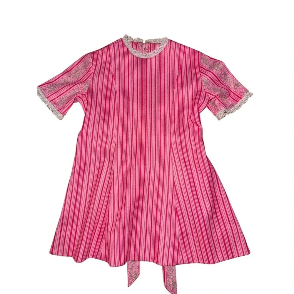 Vtg 60s‎ 70's Girls 2T Pink Striped Flower power Dress Jacket Set Easter Spring
